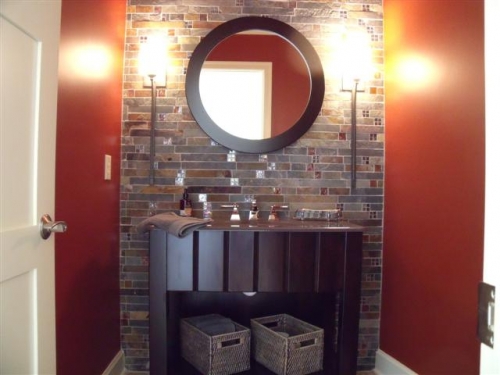 Vanity with Open Shelf and Round Mirror to Match
